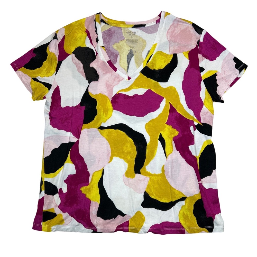 Nine West Soft Spun V-Neck Tee‎ Abstract Floral Magenta Yellow Black Large